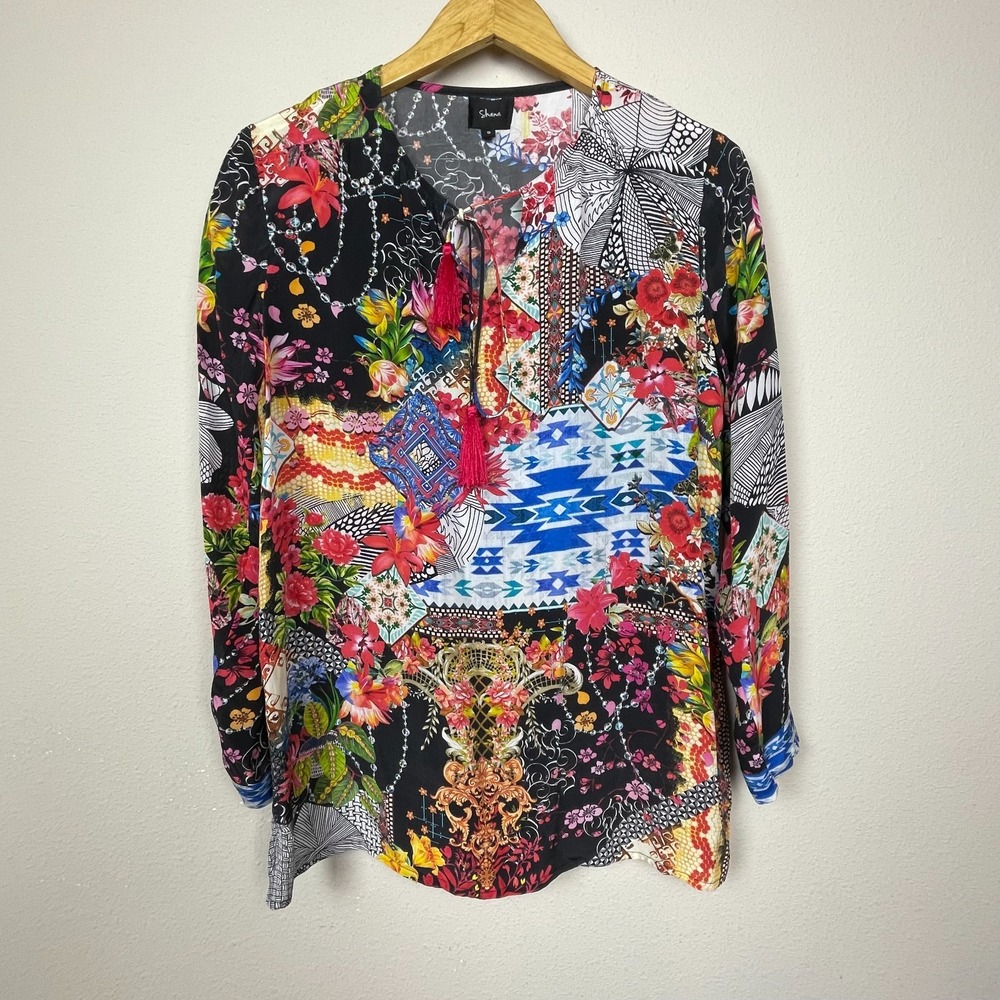 Shana Silk Viscose Tassel Tunic Women's Size S Floral Art‎ Bohemian Fairycore